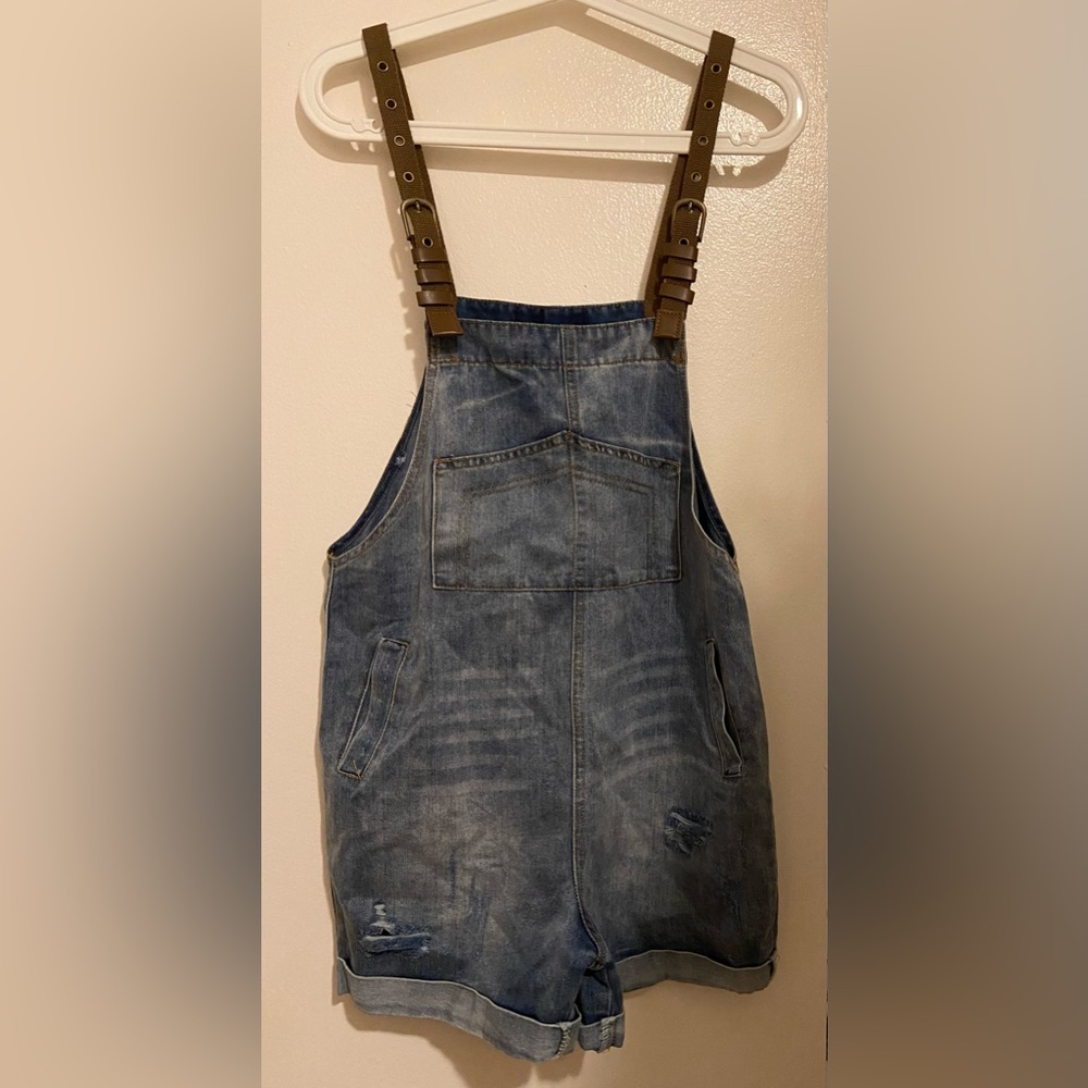 Women Distressed‎ Denim Romper Overalls Straight Loose Fit Adjustable Sz S